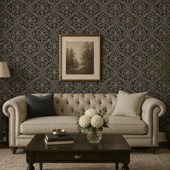 Royal damask wallpaper in charcoal gray, sophisticated modern bedroom accent wall