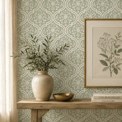 Royal damask wallpaper full room view in ivory, timeless classic bedroom installation