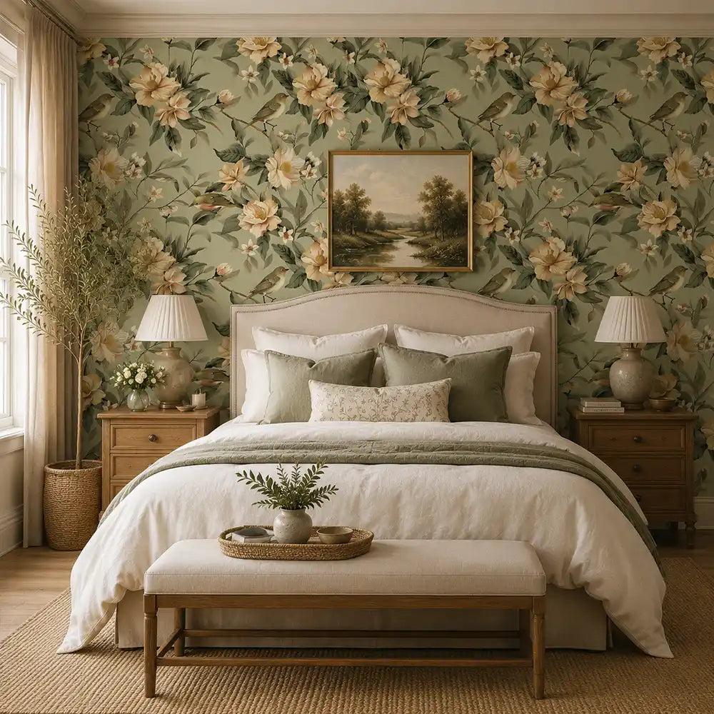 Green botanical garden wallpaper full room installation, natural light setting