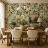 Peel-and-stick botanical wallpaper in muted green, installed on bedroom headboard wall