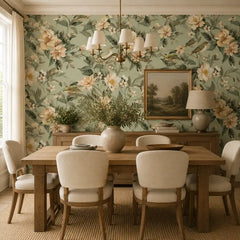 Peel-and-stick botanical wallpaper in muted green, installed on bedroom headboard wall