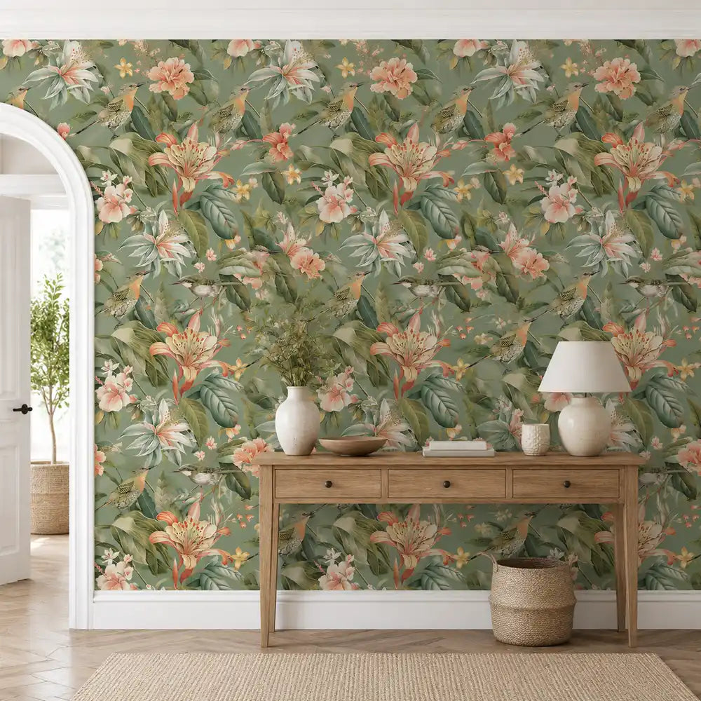 Sage garden peel-and-stick wallpaper full bedroom wall, peaceful nature-inspired design