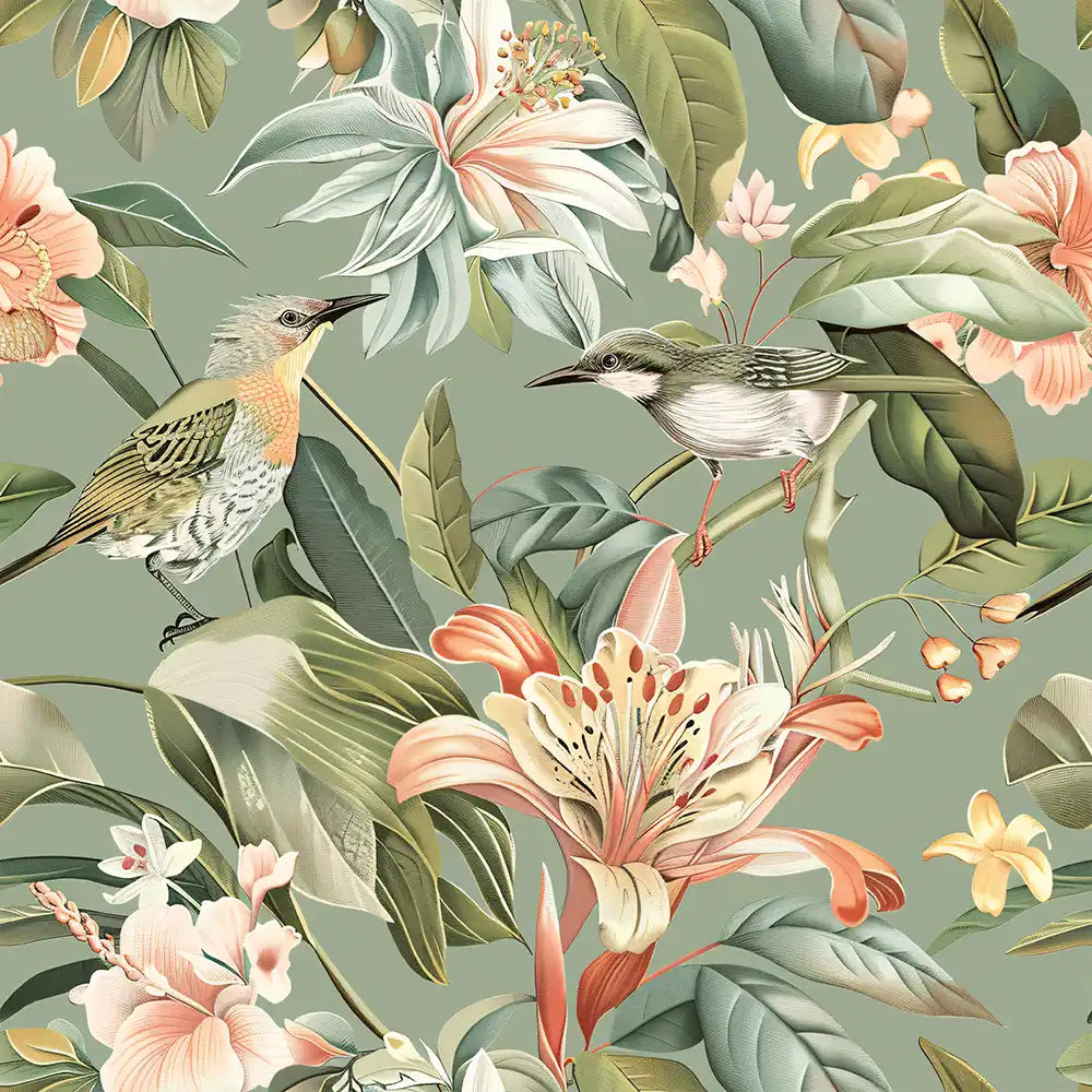 Sage garden bird wallpaper alternate view showing full botanical garden repeat pattern