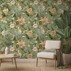 Green botanical wallpaper close-up with singing bird on flowering branch detail