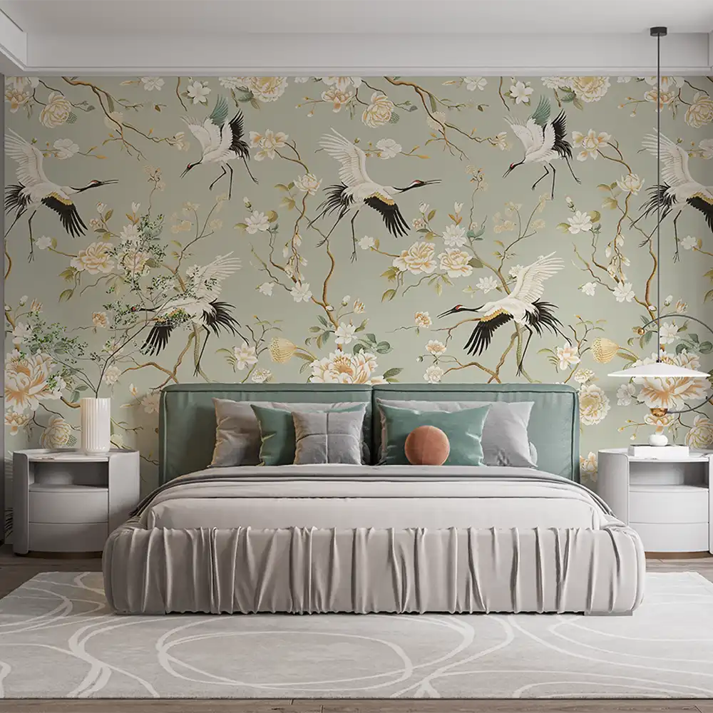 Sage green chinoiserie crane wallpaper sticker for home wall adds refined elegance.