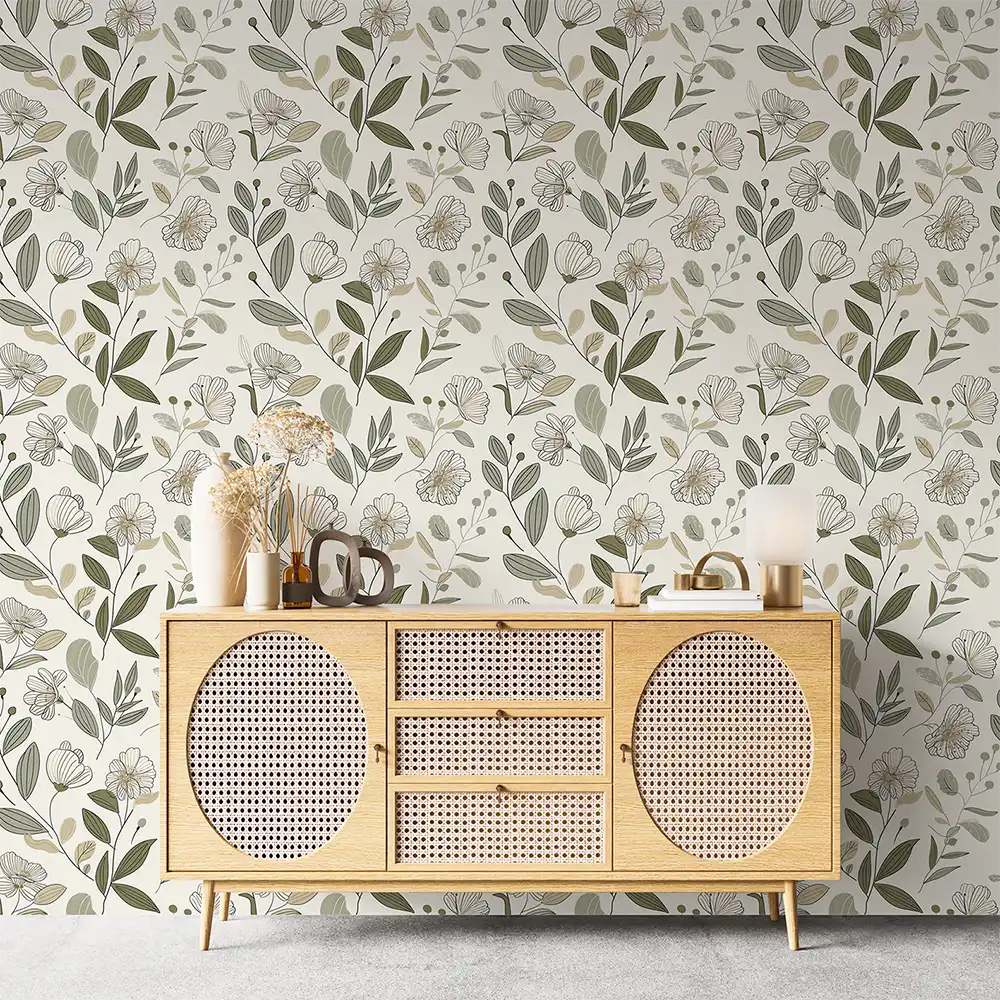 Bring nature indoors with Sage Green Floral Wallpaper for your kitchen.