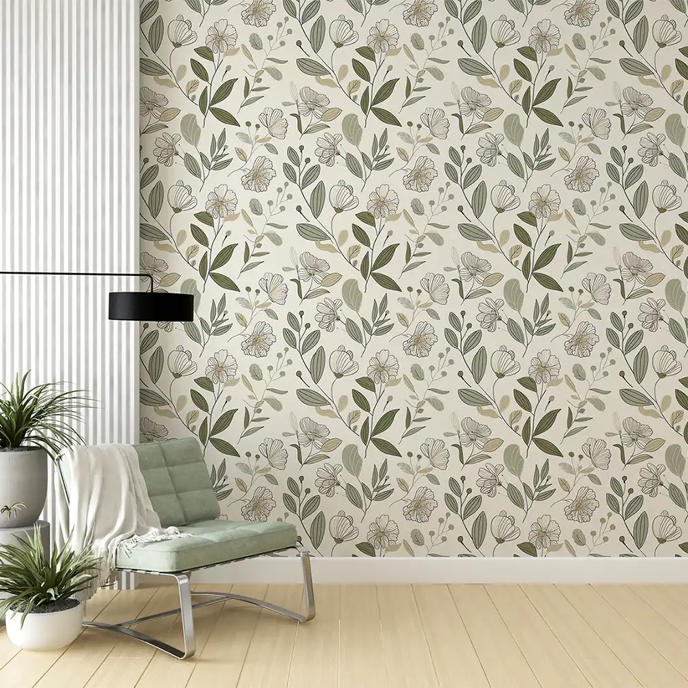 Sage Green Floral Wallpaper for your office to brighten up your space.