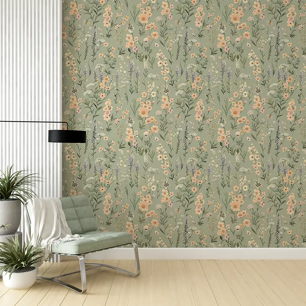 Sage Green Wildflower Wallpaper to add charm to your living room.