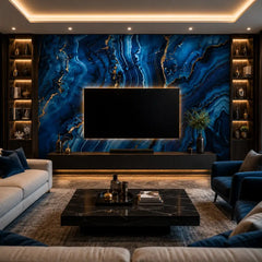 Sapphire agate removable mural in home office, rich jewel-blue feature wall design