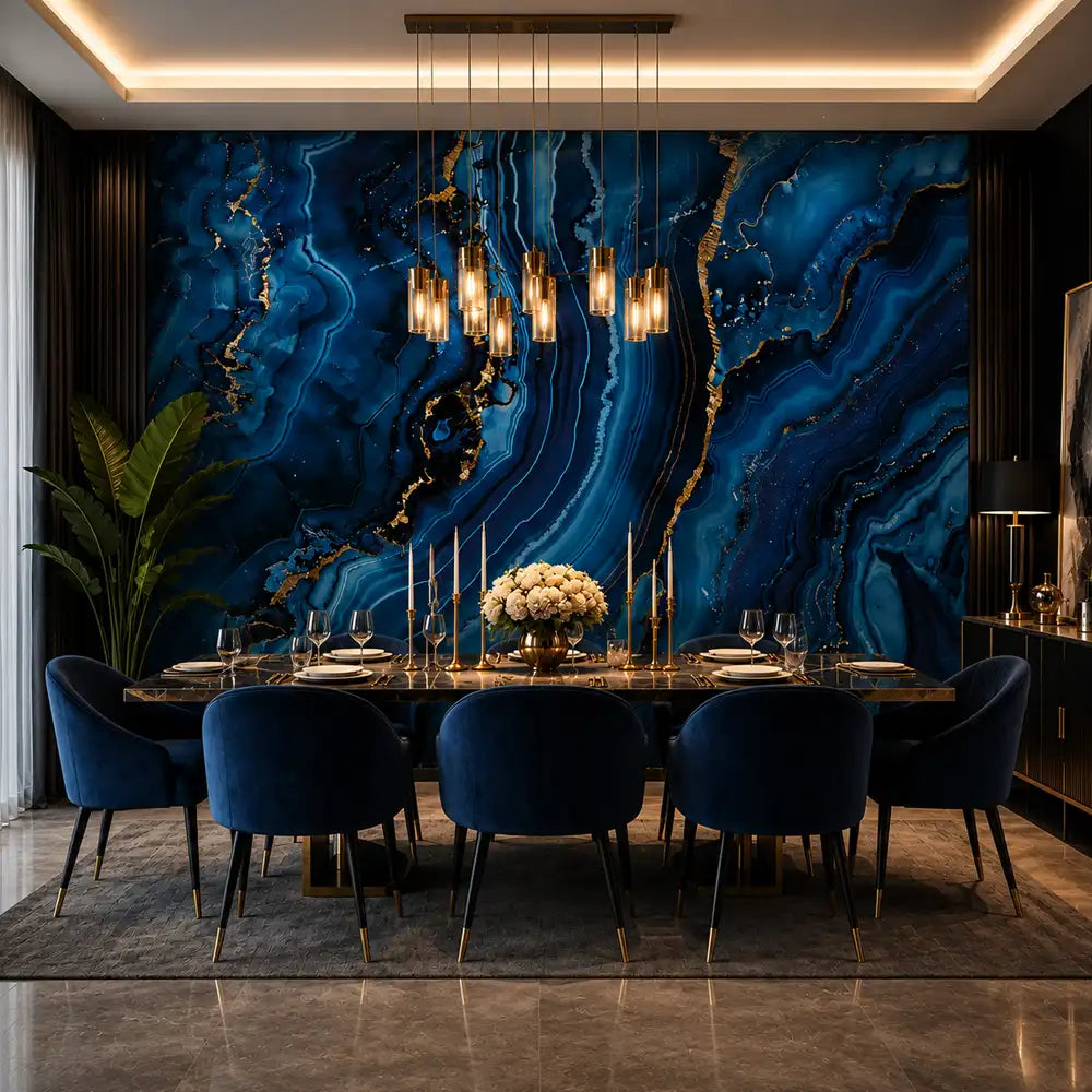 Sapphire agate peel-and-stick mural in living room, luxury blue stone accent wall