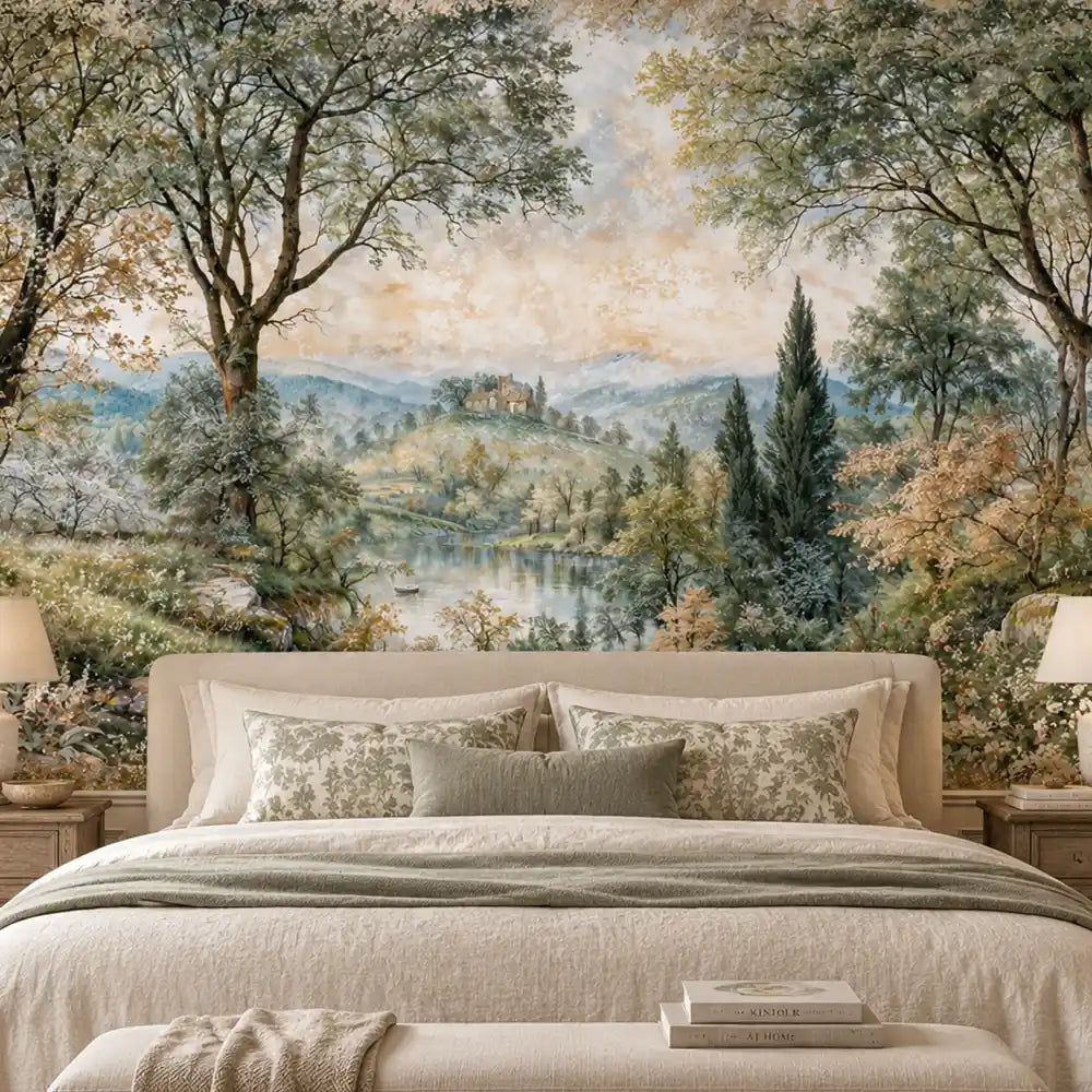 Serene bedroom with a peel and stick pastoral countryside landscape wall mural