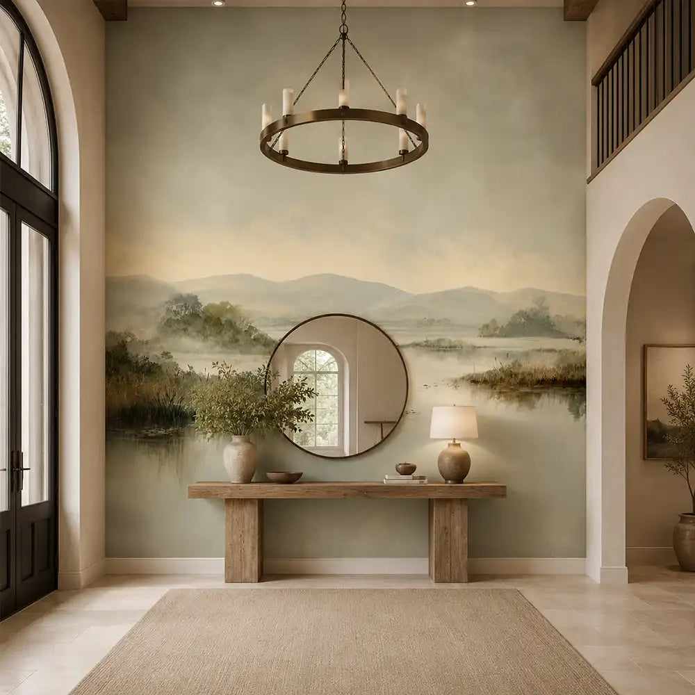 Peel-and-stick landscape mural full bedroom installation, calming nature panorama