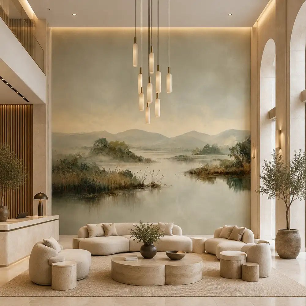 Lakeside retreat wall mural showing forest reflection on still water, sage gray tones