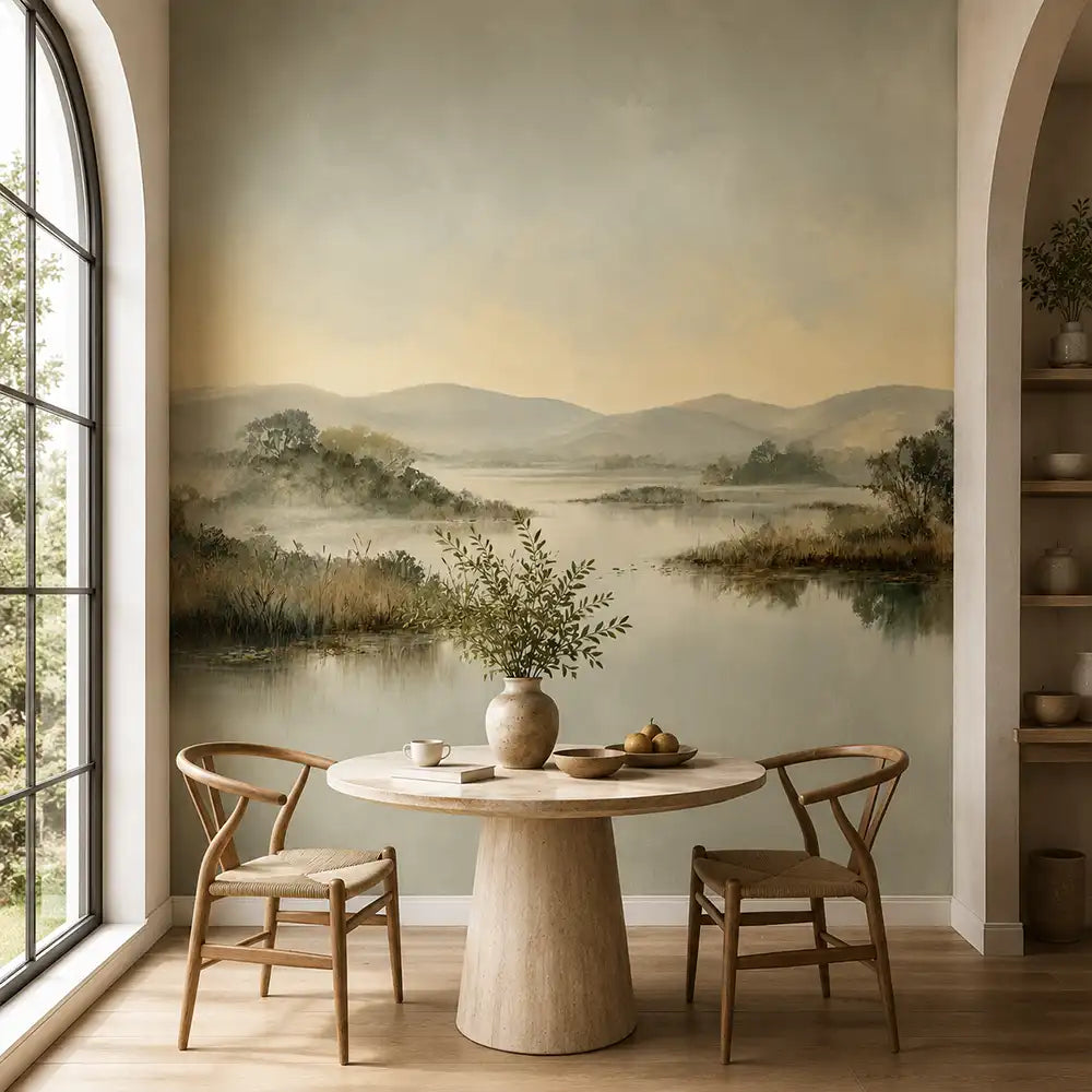Large format nature wall mural in living room, peaceful forest and water scene