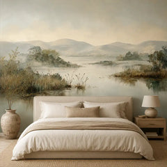Serene lake mural detail showing misty morning atmosphere and green foliage
