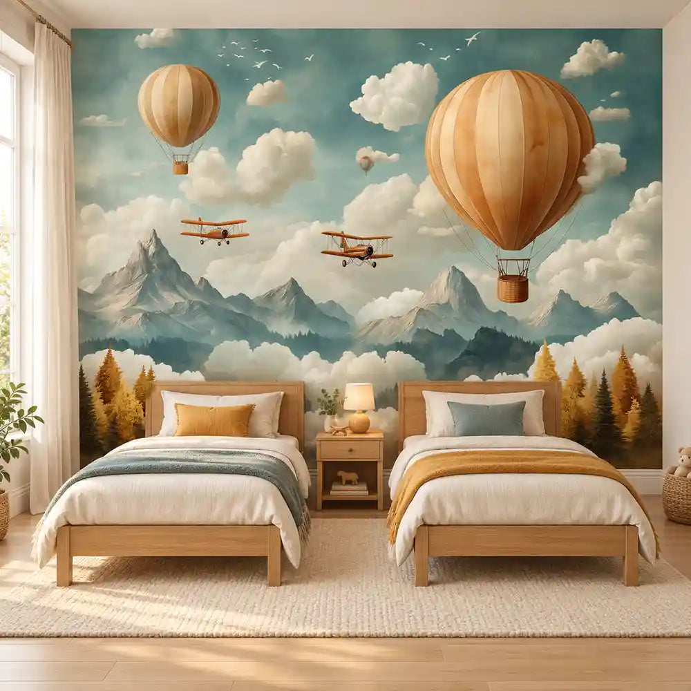 Shared kids bedroom with twin beds and teal mountain adventure mural wallpaper