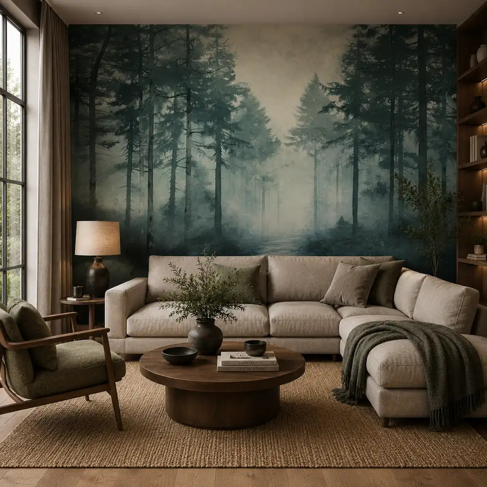 Atmospheric forest wall mural full room view, misty woodland bedroom installation