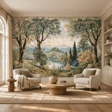 Sitting area with cream armchairs and a tapestry-style botanical landscape mural