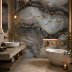 Smoky quartz peel-and-stick wallpaper dining room feature wall, stone luxe interior