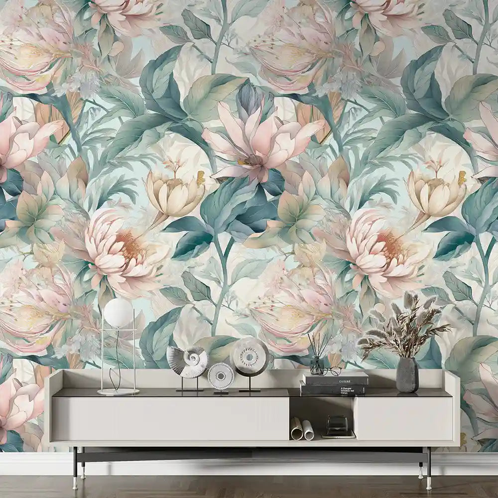 Serene botanical wallpaper full bedroom installation, pale pastel floral accent wall