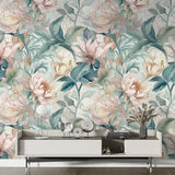 Serene botanical wallpaper full bedroom installation, pale pastel floral accent wall