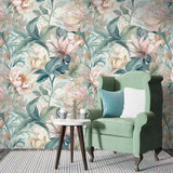 Soft botanical removable wallpaper in living room, calming sage floral feature wall view