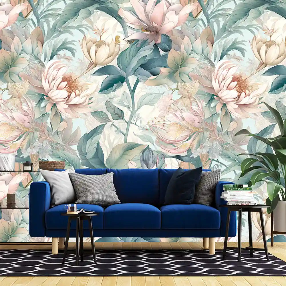 Soft pastel floral wallpaper close-up with delicate sage garden blossom branch detail