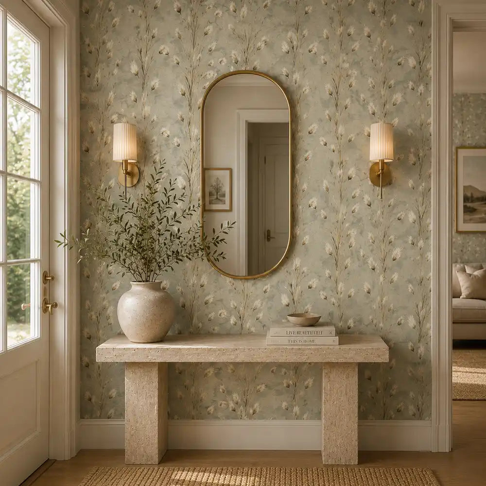 Entryway with an oval mirror and console table set against soft meadow grass wallpaper