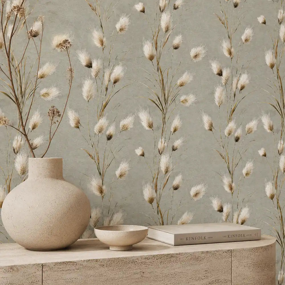 Soft meadow grass wallpaper displayed behind a styled console with vases and books