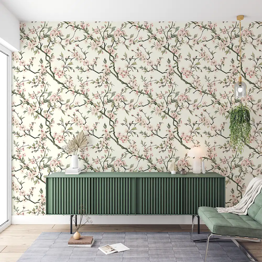 Soft pink sakura botanical wall mural sticker for home wall adds elegance.