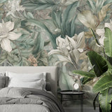 Elegant jungle peel-and-stick wallpaper full bedroom installation, calm tropical setting