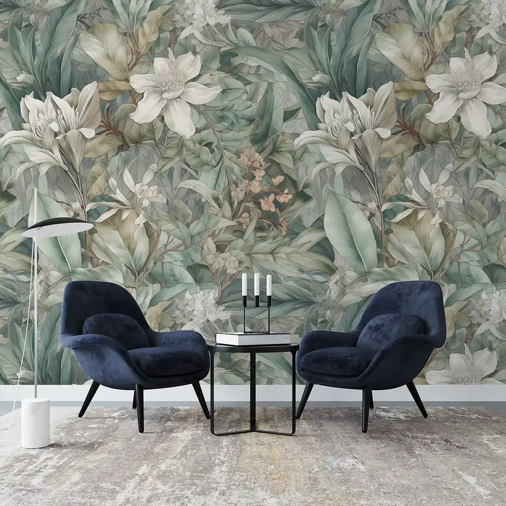 Soft tropical botanical wallpaper in living room, serene sage and ivory jungle accent wall