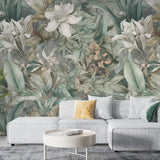 Sage ivory tropical removable wallpaper sample tile, soft muted botanical pattern detail