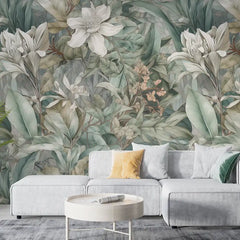 Sage ivory tropical removable wallpaper sample tile, soft muted botanical pattern detail