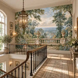 Staircase landing with chandelier and old world European garden wall mural