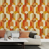 Stylish Retro Orange and Mustard Geometric Wall Mural for living rooms.