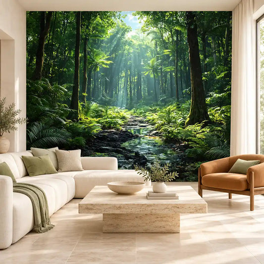 Sunlight forest path wall mural with green trees behind a white sectional sofa