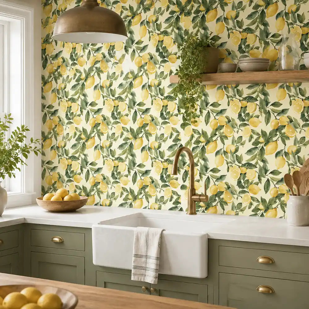 Lemon grove peel-and-stick wallpaper in dining room, sunny botanical accent wall