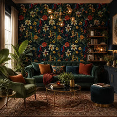 Parrot garden peel-and-stick wallpaper full bedroom installation, vibrant jungle palette