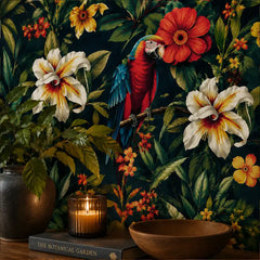 Tropical parrot wallpaper styling in dining room, bold colorful botanical feature wall