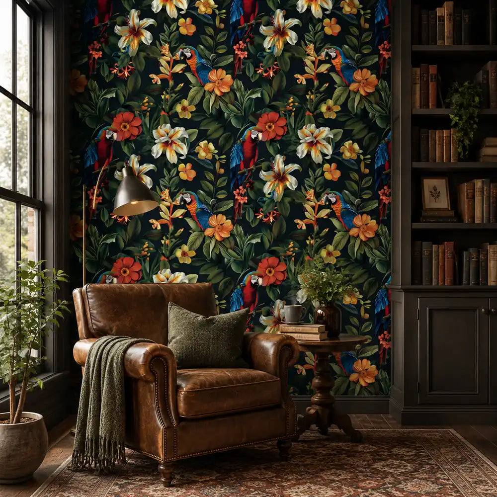 Tropical parrot wallpaper close-up with vibrant macaw in exotic botanical garden setting