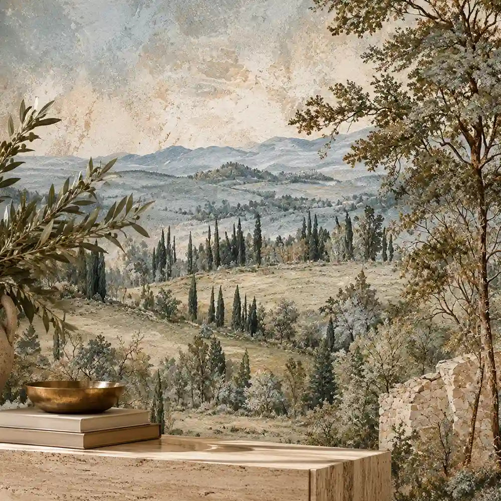 Close-up of Tuscan landscape mural with olive branch over a stone ledge