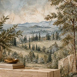 Close-up of Tuscan landscape mural with olive branch over a stone ledge
