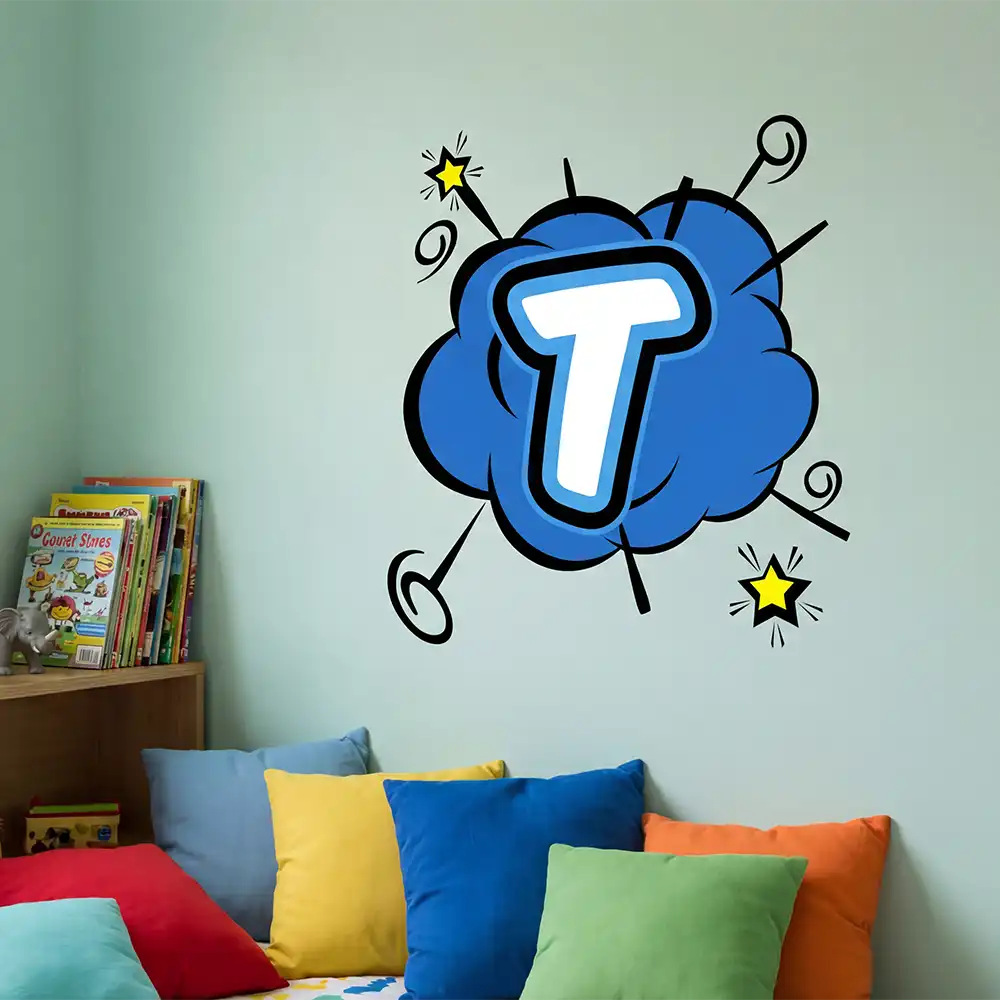 Unique Blue Letter Custom Sticker for bedroom wall design.