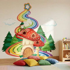 Vibrant Cute Mushroom Rainbow Wall Decal for a fun space.