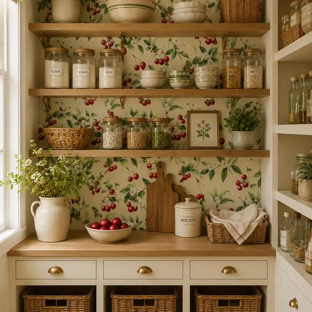 Texture close up of vintage cherry blossom wallpaper with an aged finish.