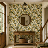 Texture close up of vintage lemon grove wallpaper with a gently aged surface.