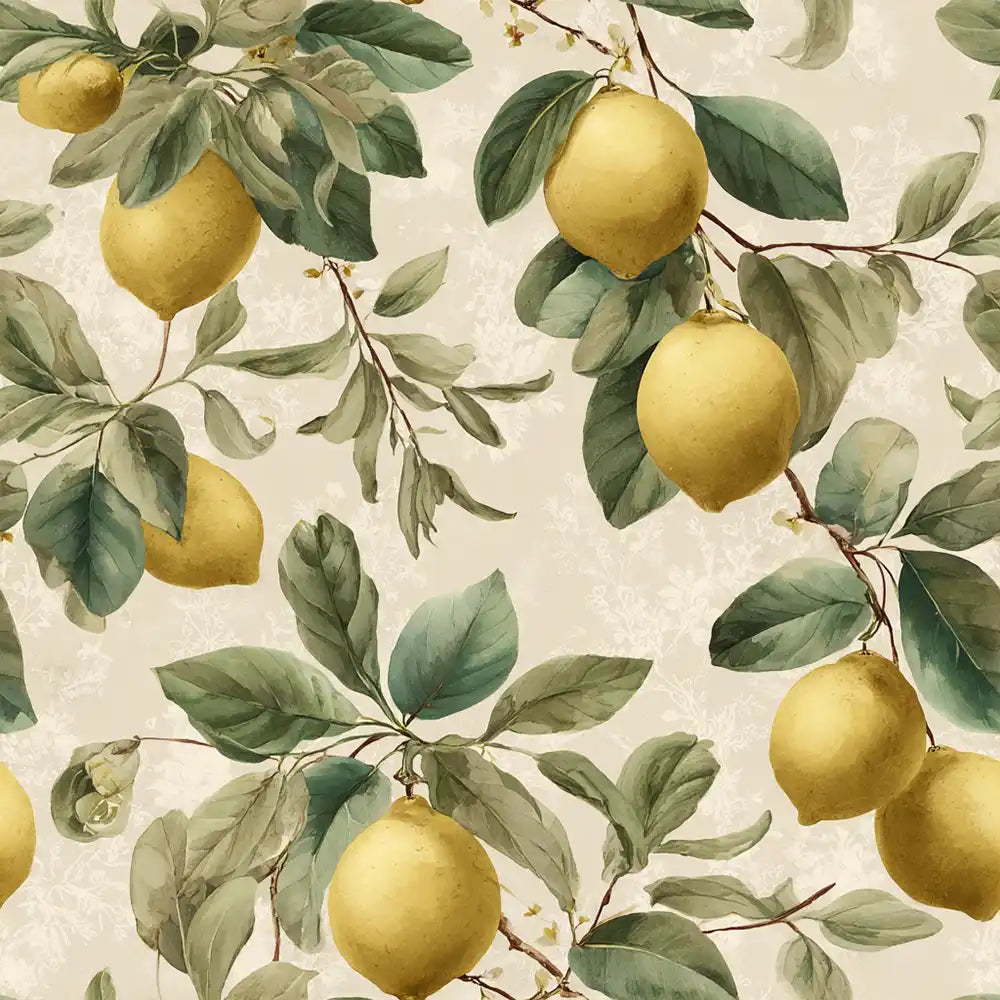 Vintage lemon grove wallpaper with citrus branches for kitchen wall decor.