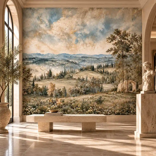 Vintage Tuscan landscape fresco wall mural with rolling hills in a grand foyer