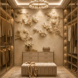 3D magnolia relief wallpaper in a luxury walk-in closet with backlit shelving